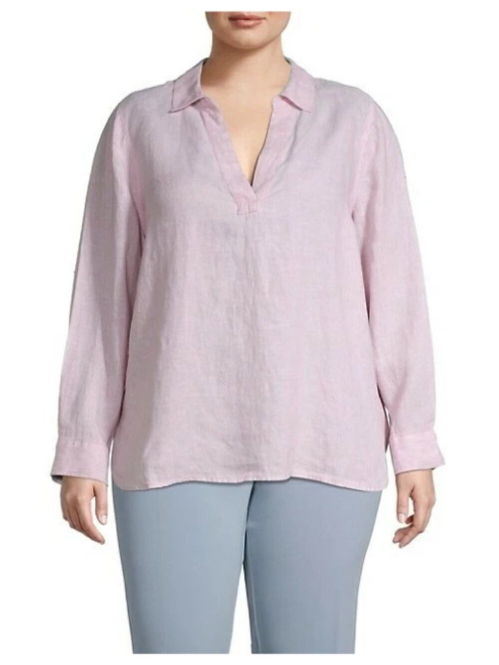 NYDJ NWT Women's Split Neck Linen Striped Pueblo Pink Tunic, Size 0X